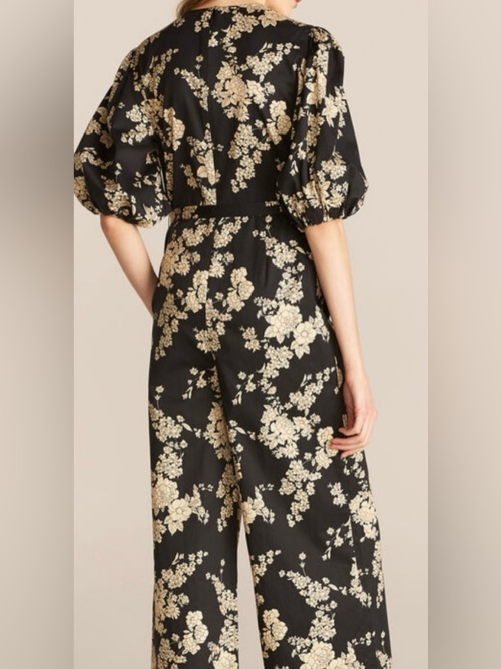 Rebecca Taylor Black and Cream Floral Tie Waist Cotton Jumpsuit - Size 12 - Picture 3 of 7
